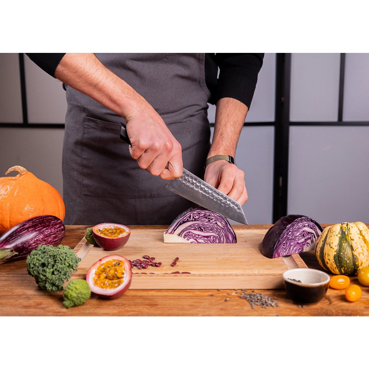 Knife - Bunka Santoku with bamboo Saya and bamboo box - 170 mm blade