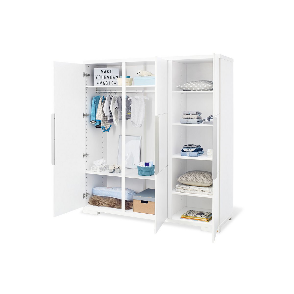 Children's room 'Polar' extra wide large, incl. wall shelf4 parts: cot, extra wide chest of drawers, large wardrobe, wall shelf