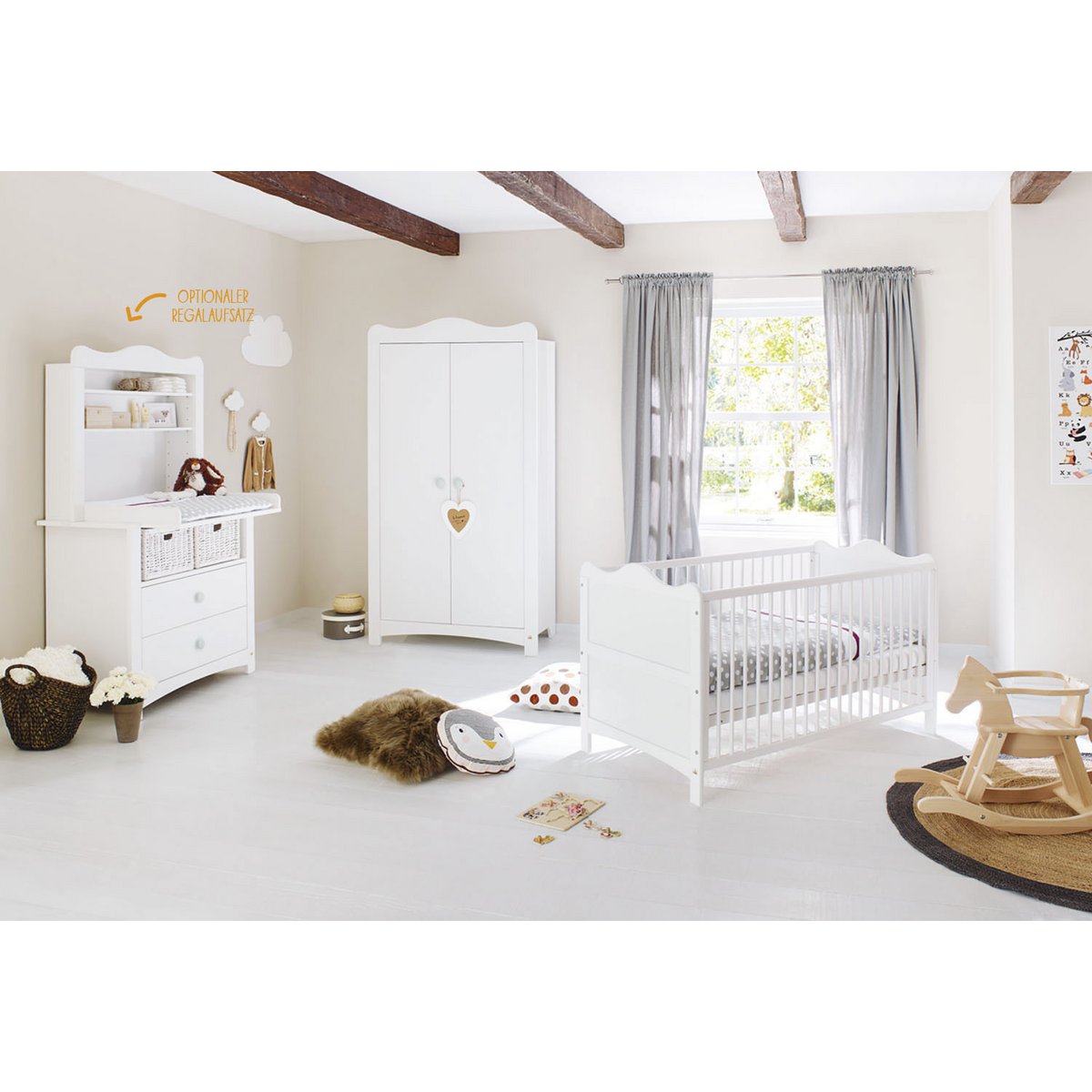 Nursery 'Florentina' wide, incl. wide cabinet
4 parts: bed, wide chest of drawers, wide shelf, 2-door wardrobe