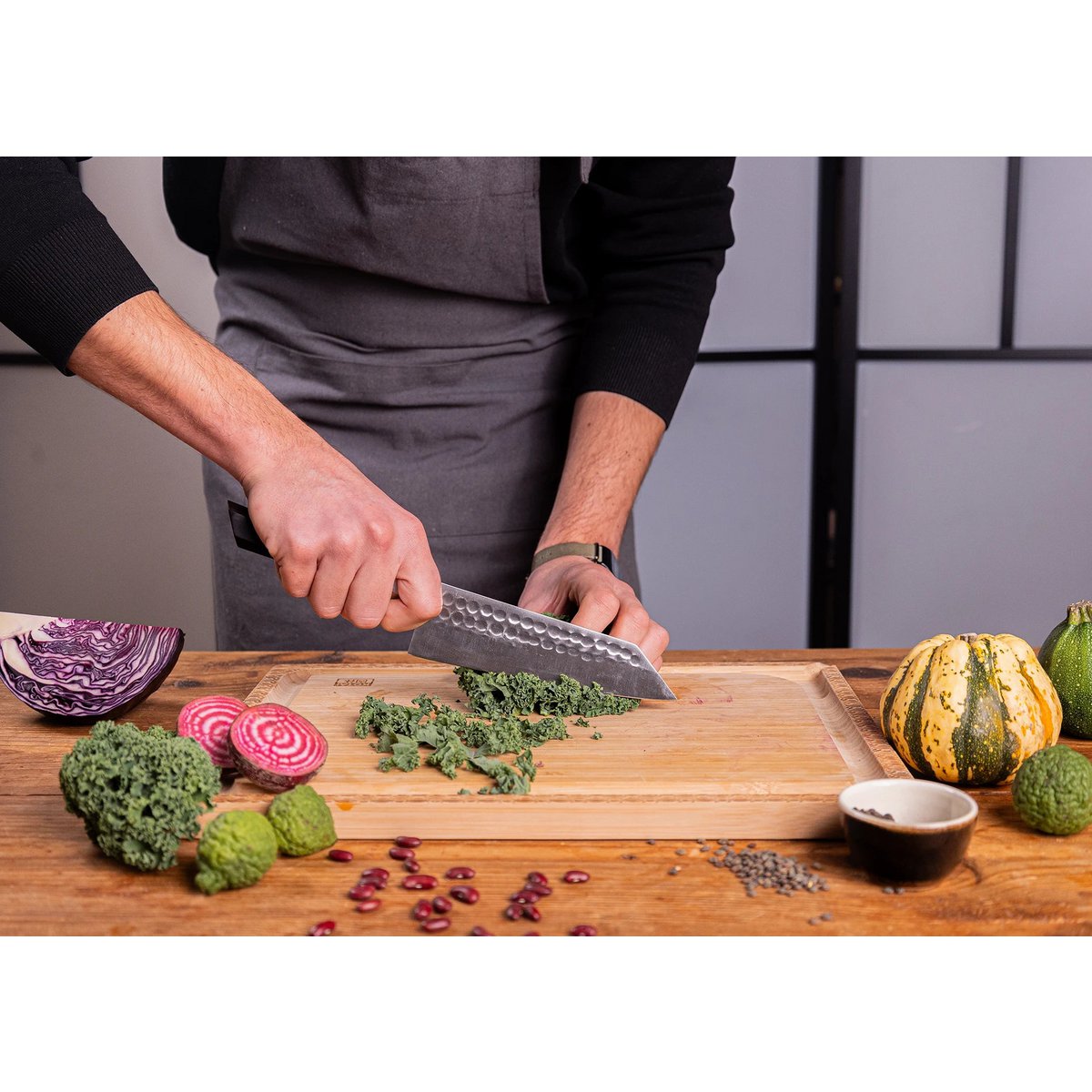 Knife - Bunka Santoku with bamboo Saya and bamboo box - 170 mm blade