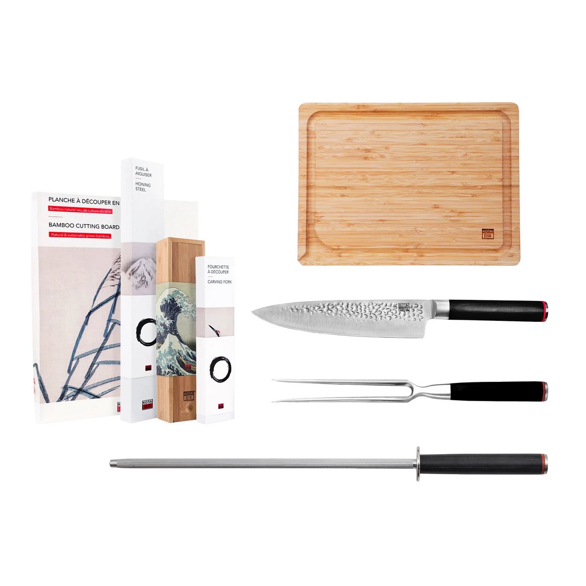 Knife and Kitchen Accessory Set - The BBQ Set Deluxe: Gyuto (chef's knife) + meat fork + sharpening steel + bamboo cutting board
