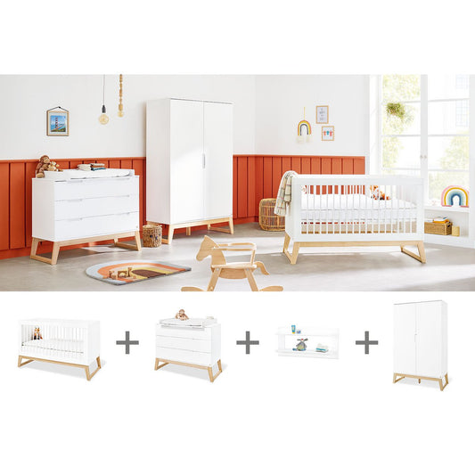 Nursery 'Brug' wide, incl. wall shelf
 4 parts: bed, wide chest of drawers, 2-door wardrobe, wall shelf