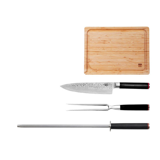 Knife and Kitchen Accessory Set - The BBQ Set Deluxe: Gyuto (chef's knife) + meat fork + sharpening steel + bamboo cutting board