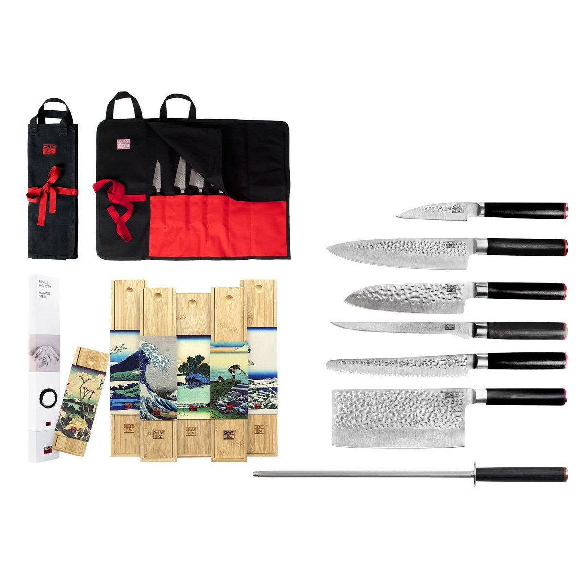 Knife and kitchen accessory set - The complete set Traveler Edition (B): 6 knives (paring knife + santoku + gyuto + filleting knife + bread knife + cleaver) + 2 accessories (sharpening steel + 100% cotton roll-up knife bag)