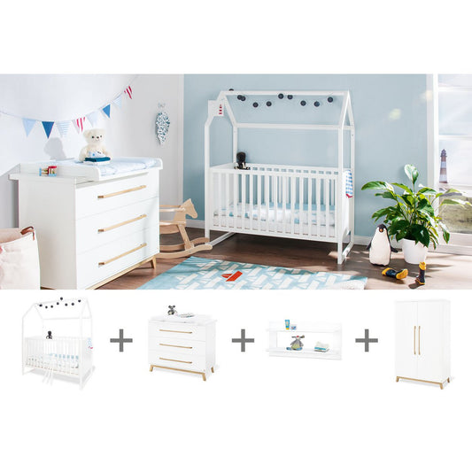 Nursery 'Hilda &amp; Riva' wide, white, incl. wall shelf
 4 parts: house bed, wide chest of drawers, 2-door wardrobe, wall shelf