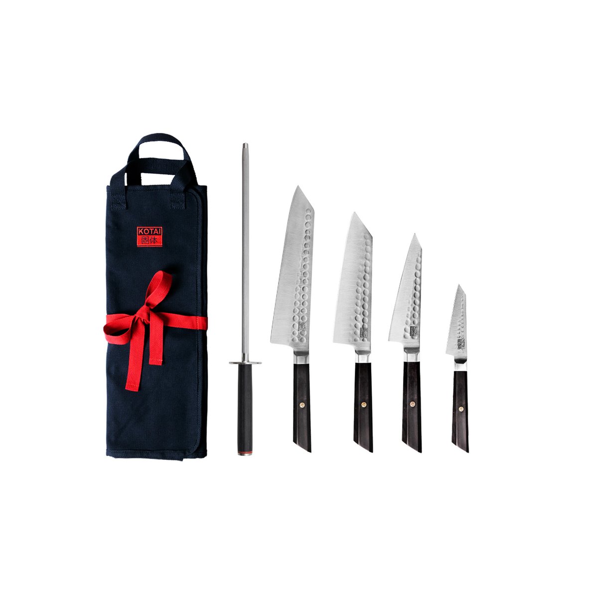 Knife and Kitchen Accessory Set - Bunka Complete Set Deluxe (C): 4 knives (Bunka paring knife + Bunka Petty + Bunka Santoku + Kiritsuke) + 2 accessories (100% cotton roll-up knife bag + sharpening steel)