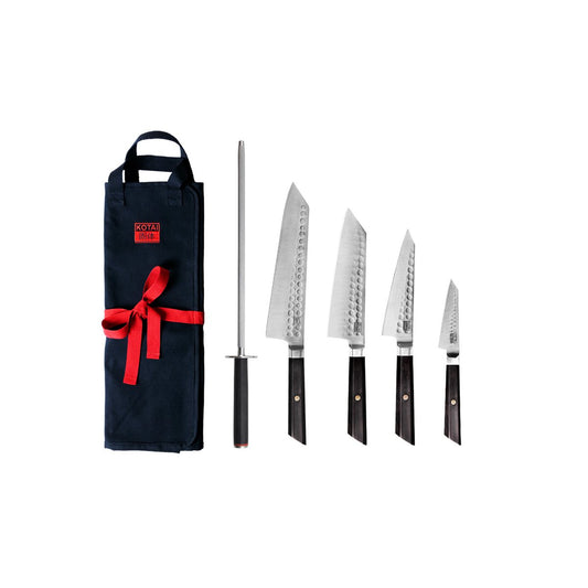 Knife and Kitchen Accessory Set - Bunka Complete Set Deluxe (C): 4 knives (Bunka paring knife + Bunka Petty + Bunka Santoku + Kiritsuke) + 2 accessories (100% cotton roll-up knife bag + sharpening steel)
