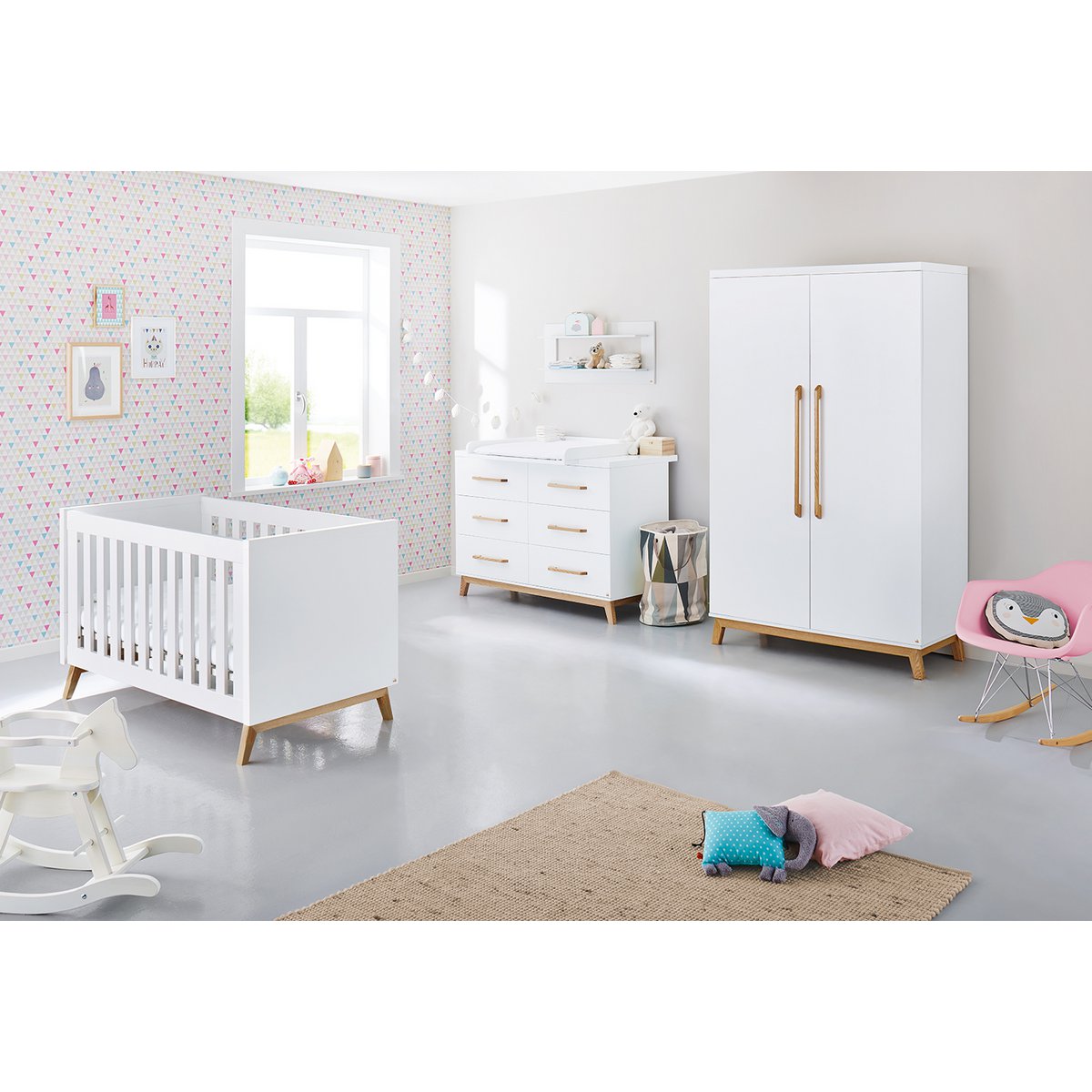 Nursery 'Riva' extra wide, incl. wall shelf
 4 parts: bed, extra wide chest of drawers, 2-door wardrobe, wall shelf