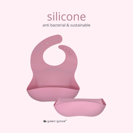 green-goose Silicone Bib and Bamboo Cutlery - Pink