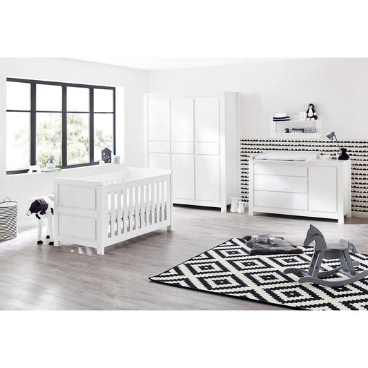 Nursery 'Milk' extra wide large, incl. wall shelf
 4 parts: cot, extra wide dresser, large wardrobe, wall shelf