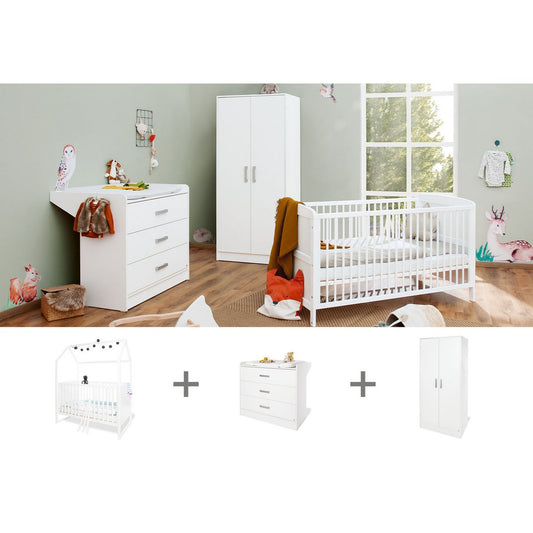 Children's room 'Hilda &amp; Viktoria' wide, white 3 parts: house bed, wide chest of drawers, 2-door wardrobe