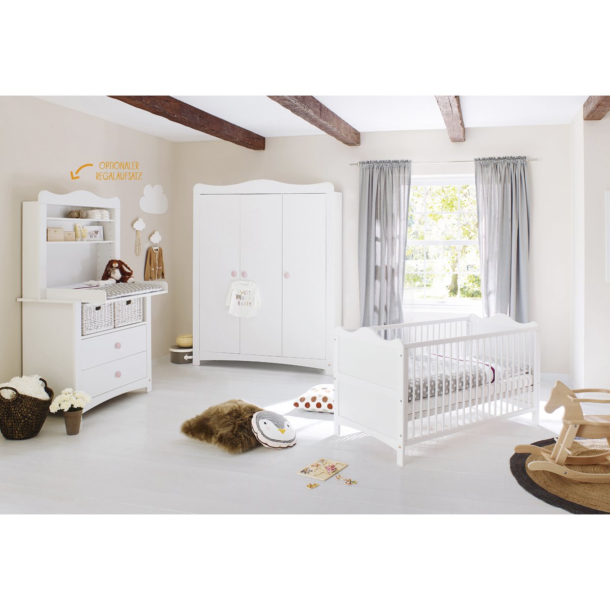 Nursery 'Florentina' wide large, incl. wide cabinet
 4 parts: cot, wide chest of drawers incl. wide cupboard, large wardrobe