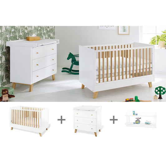 Starter set 'Pan' wide, incl. wall shelf
 3 parts: cot, wide dresser, wall shelf