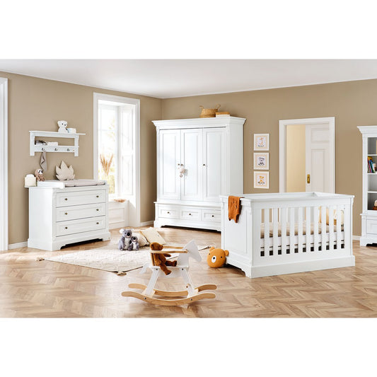 Nursery 'Emilia' wide large, incl. wall shelf
 4 parts: bed, wide chest of drawers, large wardrobe, wall shelf