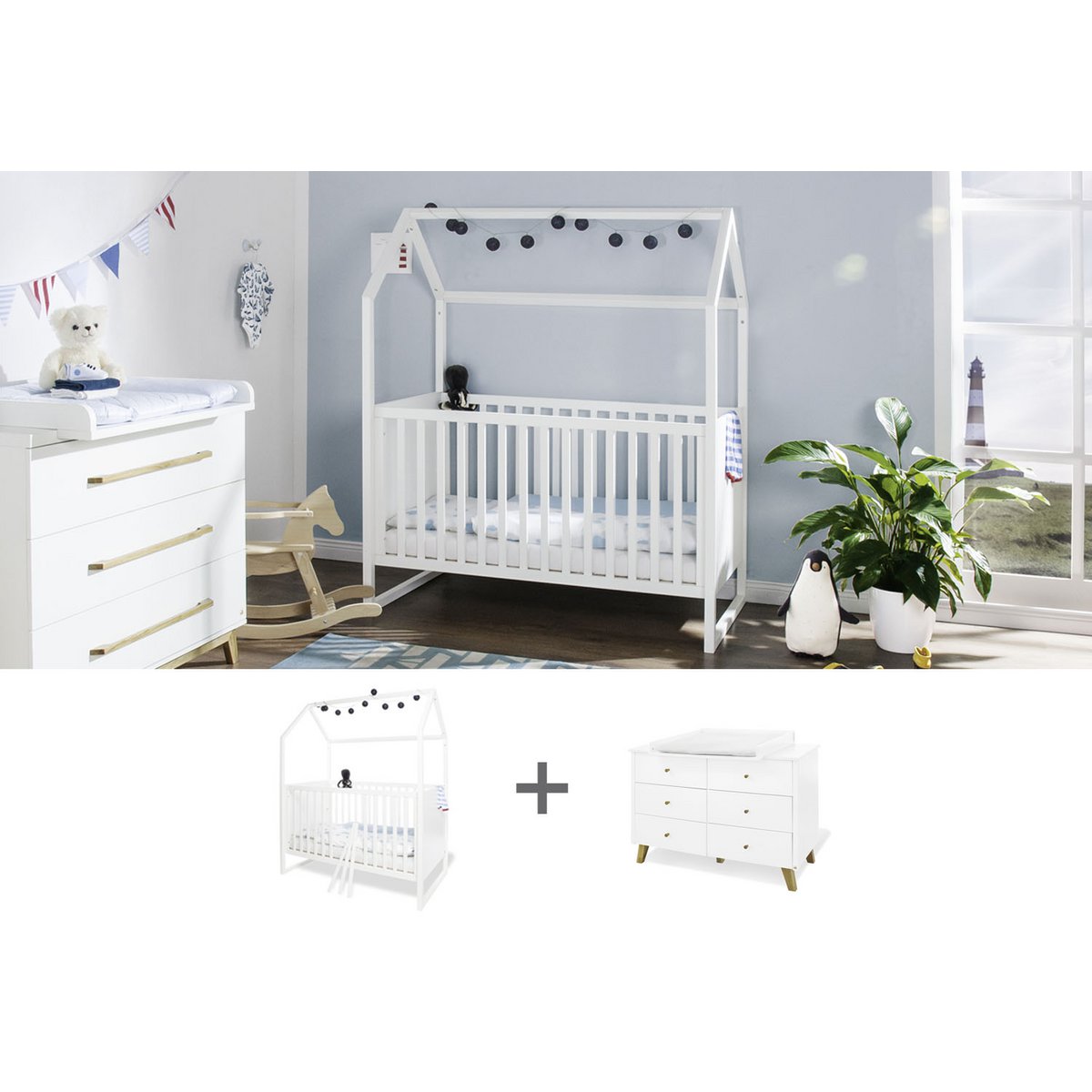 Starter set 'Hilda &amp; Pan' extra wide, white
 2 parts: house bed, extra wide chest of drawers