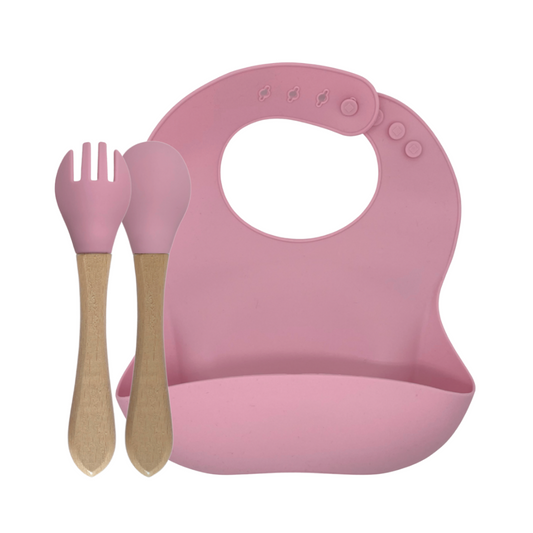 green-goose Silicone Bib and Bamboo Cutlery - Pink