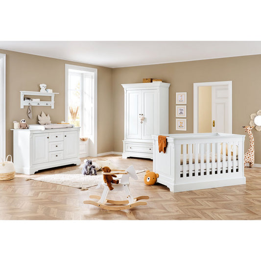 Nursery 'Emilia' extra wide, incl. wall shelf
 4 parts: bed, extra wide chest of drawers, 2-door wardrobe, wall shelf