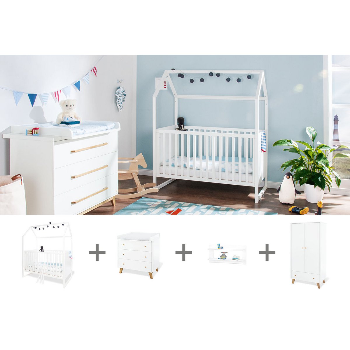 Nursery 'Hilda &amp; Pan' wide, white, incl. wall shelf
 4 parts: house bed, wide chest of drawers, 2-door wardrobe, wall shelf