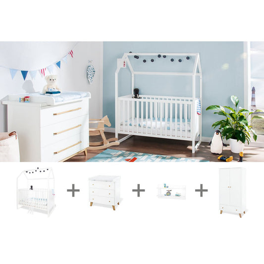Nursery 'Hilda &amp; Pan' wide, white, incl. wall shelf
 4 parts: house bed, wide chest of drawers, 2-door wardrobe, wall shelf