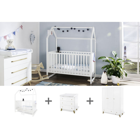 Nursery 'Hilda &amp; Pan' wide large, white
 3 parts: house bed, wide chest of drawers, large wardrobe