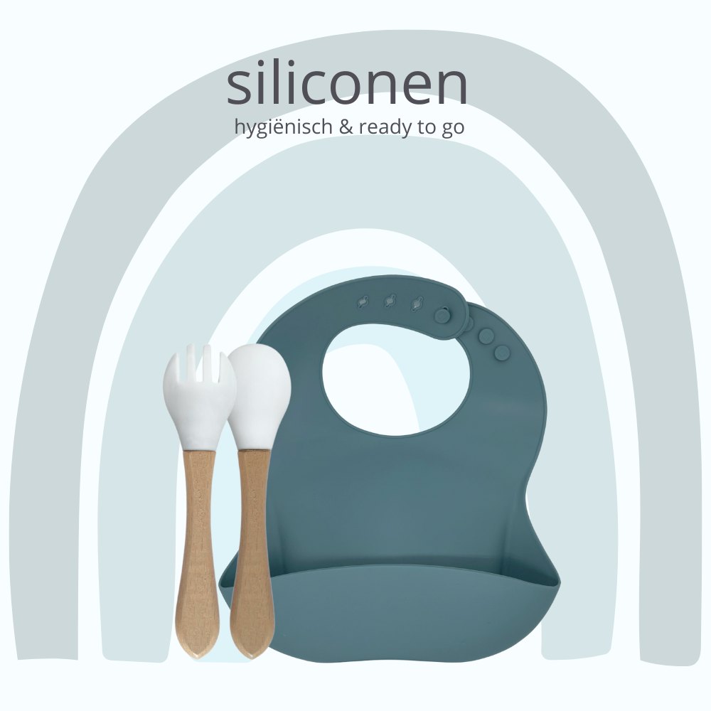 green-goose Siliconen Slabbetje en Bamboe Bestek - Petrol