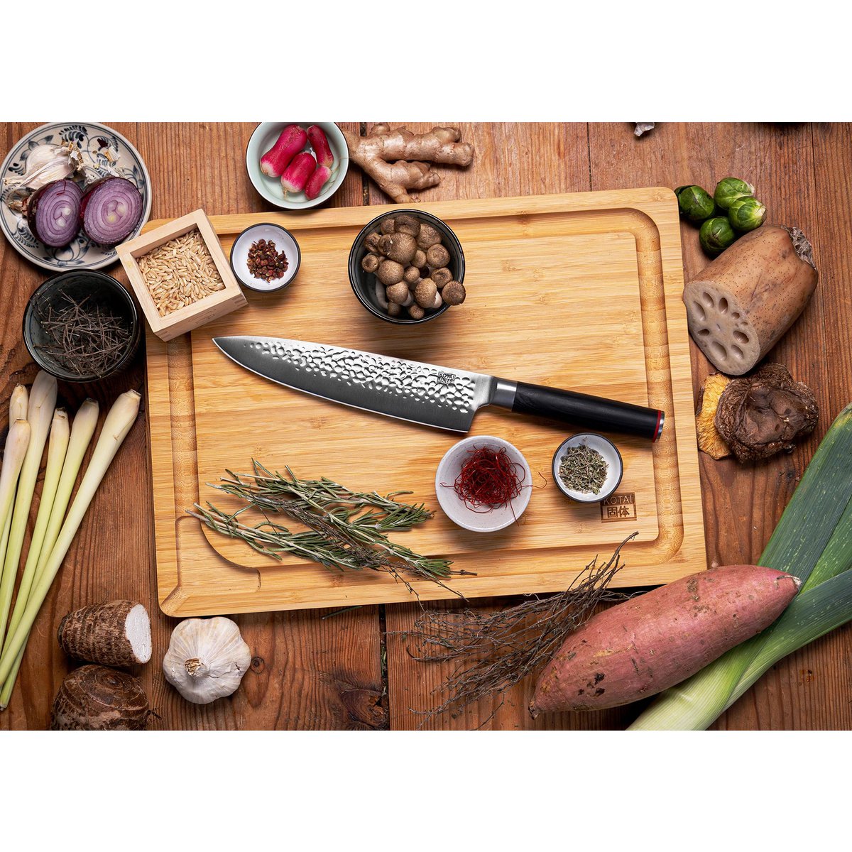 Knife and Kitchen Accessory Set - The BBQ Set Deluxe: Gyuto (chef's knife) + meat fork + sharpening steel + bamboo cutting board