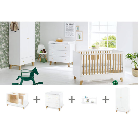 Nursery 'Pan' wide, incl. wall shelf
 4 parts: bed, wide chest of drawers, 2-door wardrobe, wall shelf