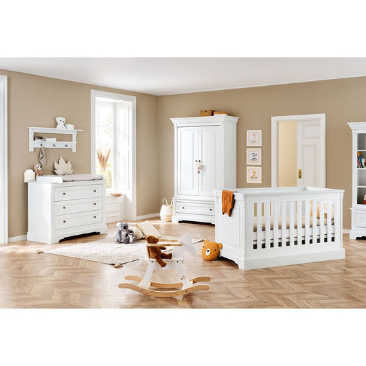 Nursery 'Emilia' wide, incl. wall shelf
 4 parts: bed, wide chest of drawers, 2-door wardrobe, wall shelf