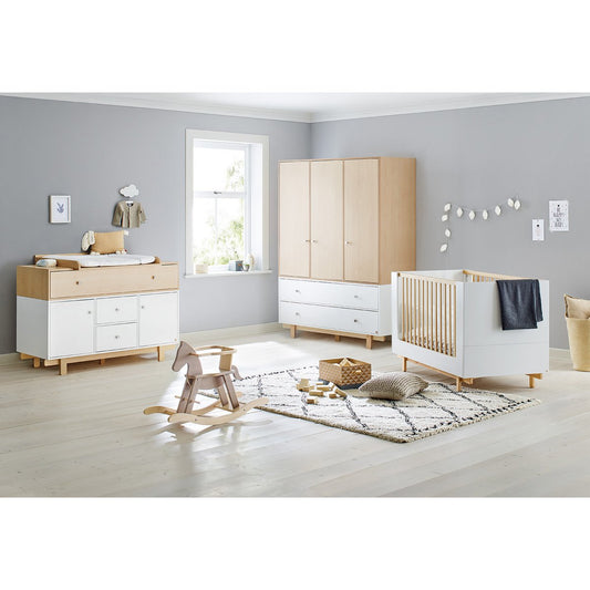 Nursery 'Boks' extra wide large with 3 doors
 3 parts: cot, extra wide chest of drawers, large wardrobe with 3 doors