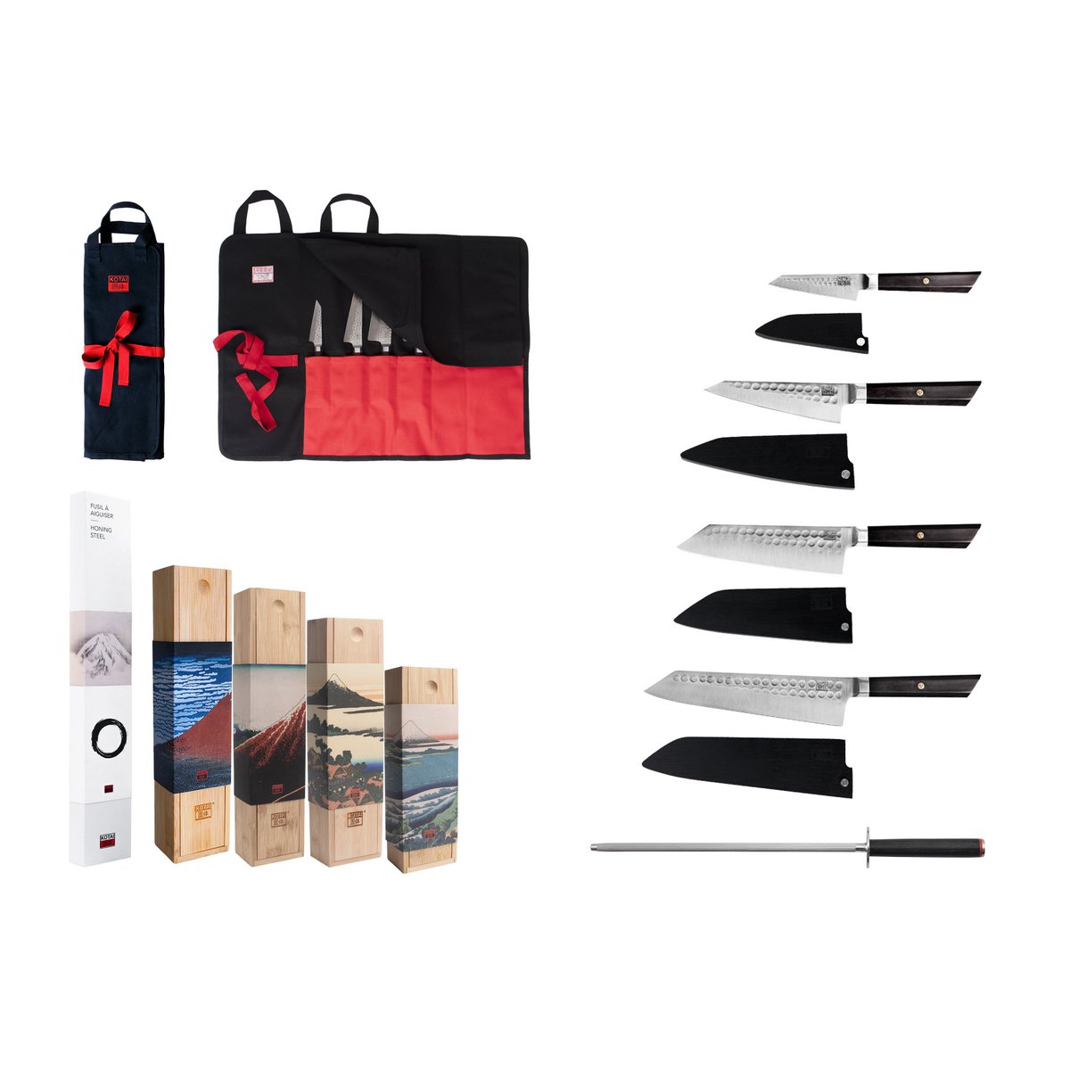 Knife and Kitchen Accessory Set - Bunka Complete Set Deluxe (C): 4 knives (Bunka paring knife + Bunka Petty + Bunka Santoku + Kiritsuke) + 2 accessories (100% cotton roll-up knife bag + sharpening steel)