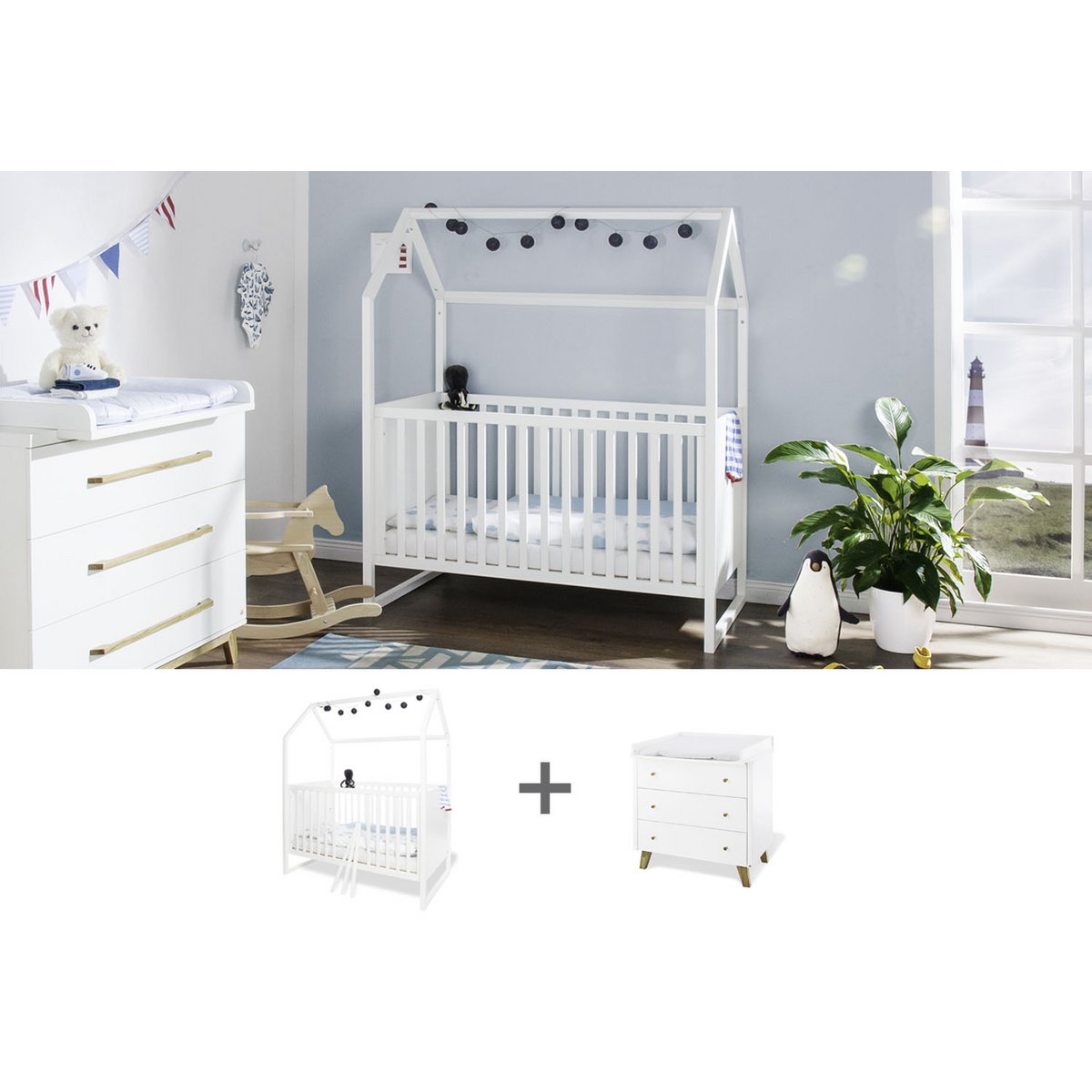 Starter set 'Hilda &amp; Pan' wide, white
 2 parts: house bed, wide chest of drawers