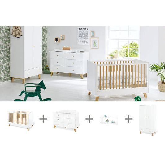 Nursery 'Pan' extra wide, incl. wall shelf
 4 parts: bed, extra wide chest of drawers, 2-door wardrobe, wall shelf