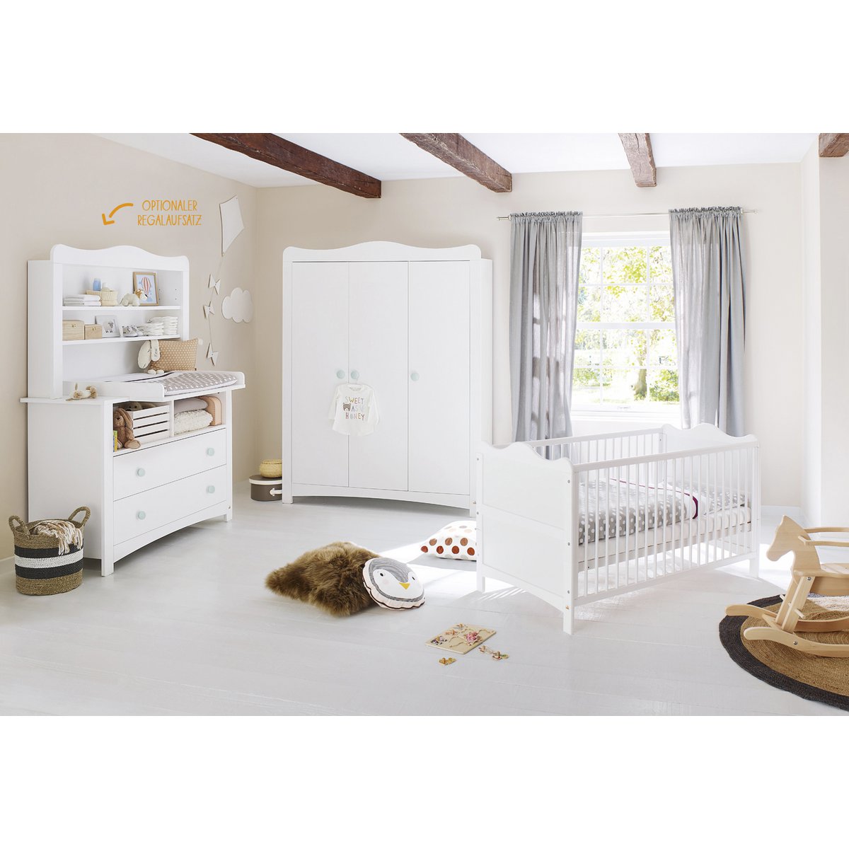 Nursery 'Florentina' extra wide large, incl. extra wide cabinet
 4 parts: cot, extra wide chest of drawers incl. extra wide cupboard, large wardrobe