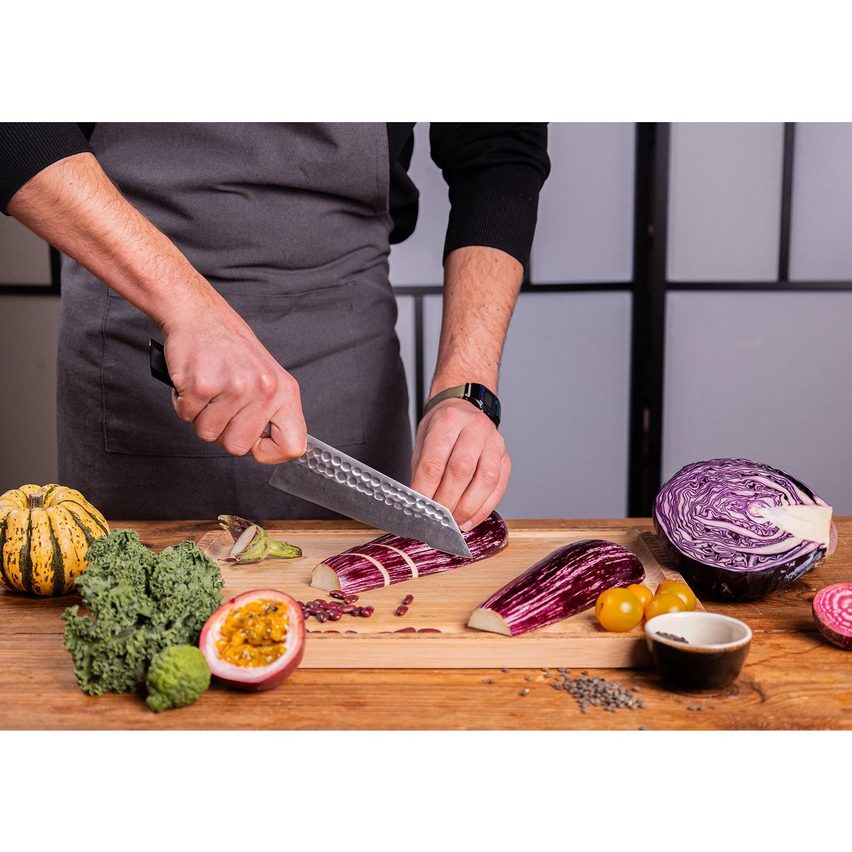 Knife - Bunka Santoku with bamboo Saya and bamboo box - 170 mm blade