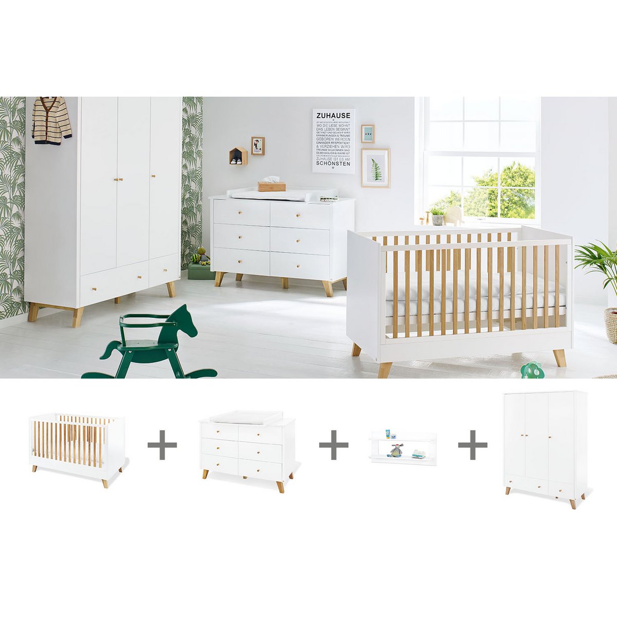 Nursery 'Pan' extra wide large, incl. wall shelf
 4 parts: cot, extra wide dresser, large wardrobe, wall shelf