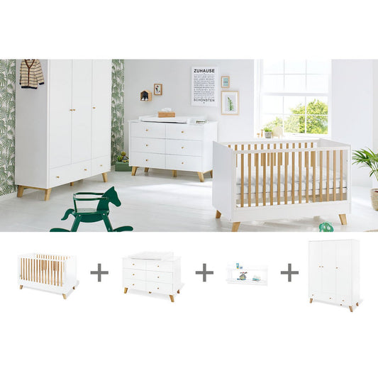 Nursery 'Pan' extra wide large, incl. wall shelf
 4 parts: cot, extra wide dresser, large wardrobe, wall shelf