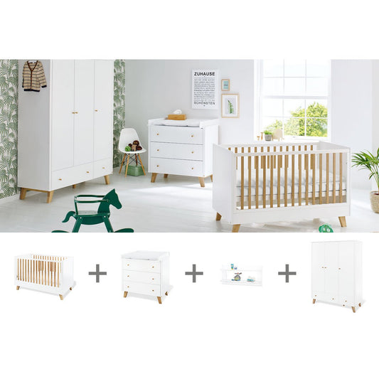 Nursery 'Pan' wide large, incl. wall shelf
 4 parts: bed, wide chest of drawers, large wardrobe, wall shelf