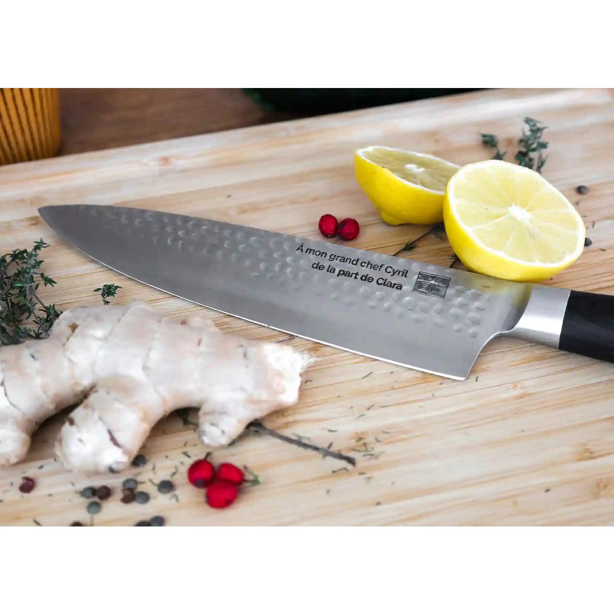 Knife - Gyuto (chef's knife) with bamboo Saya and bamboo box - 200 mm blade