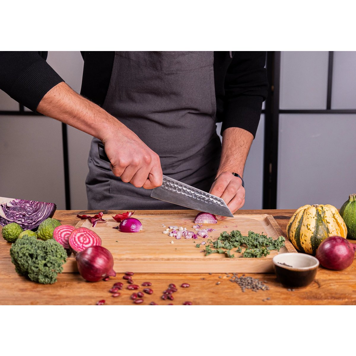 Knife and Kitchen Accessory Set - Bunka Complete Set Deluxe (C): 4 knives (Bunka paring knife + Bunka Petty + Bunka Santoku + Kiritsuke) + 2 accessories (100% cotton roll-up knife bag + sharpening steel)