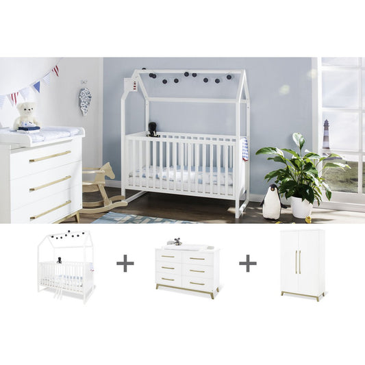 Nursery 'Hilda &amp; Riva' extra wide, white
 3 parts: house bed, extra wide chest of drawers, 2-door wardrobe