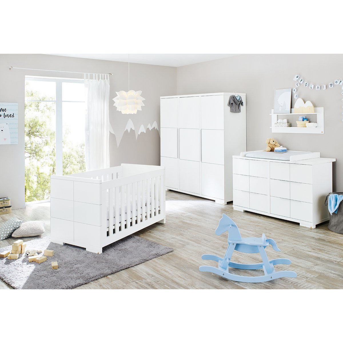 Children's room 'Polar' extra wide large, incl. wall shelf4 parts: cot, extra wide chest of drawers, large wardrobe, wall shelf