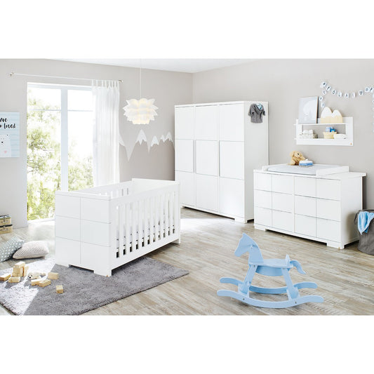 Children's room 'Polar' extra wide large, incl. wall shelf4 parts: cot, extra wide chest of drawers, large wardrobe, wall shelf