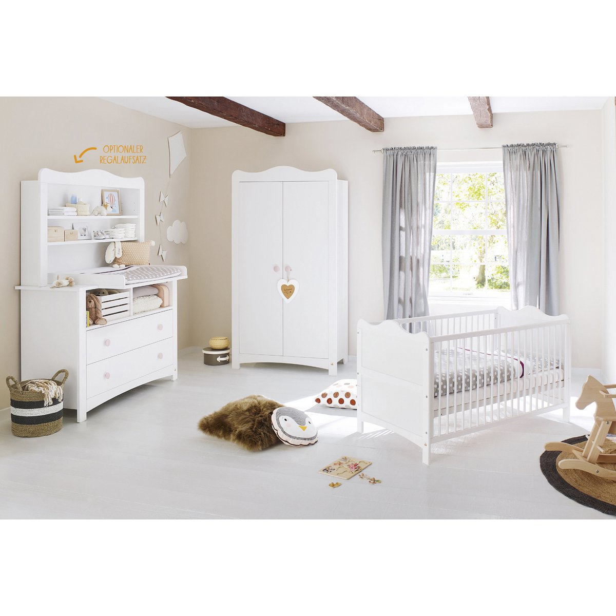 Nursery 'Florentina' extra wide, incl. extra wide cabinet
 4 parts: cot, extra wide chest of drawers incl. extra wide cupboard, 2-door wardrobe