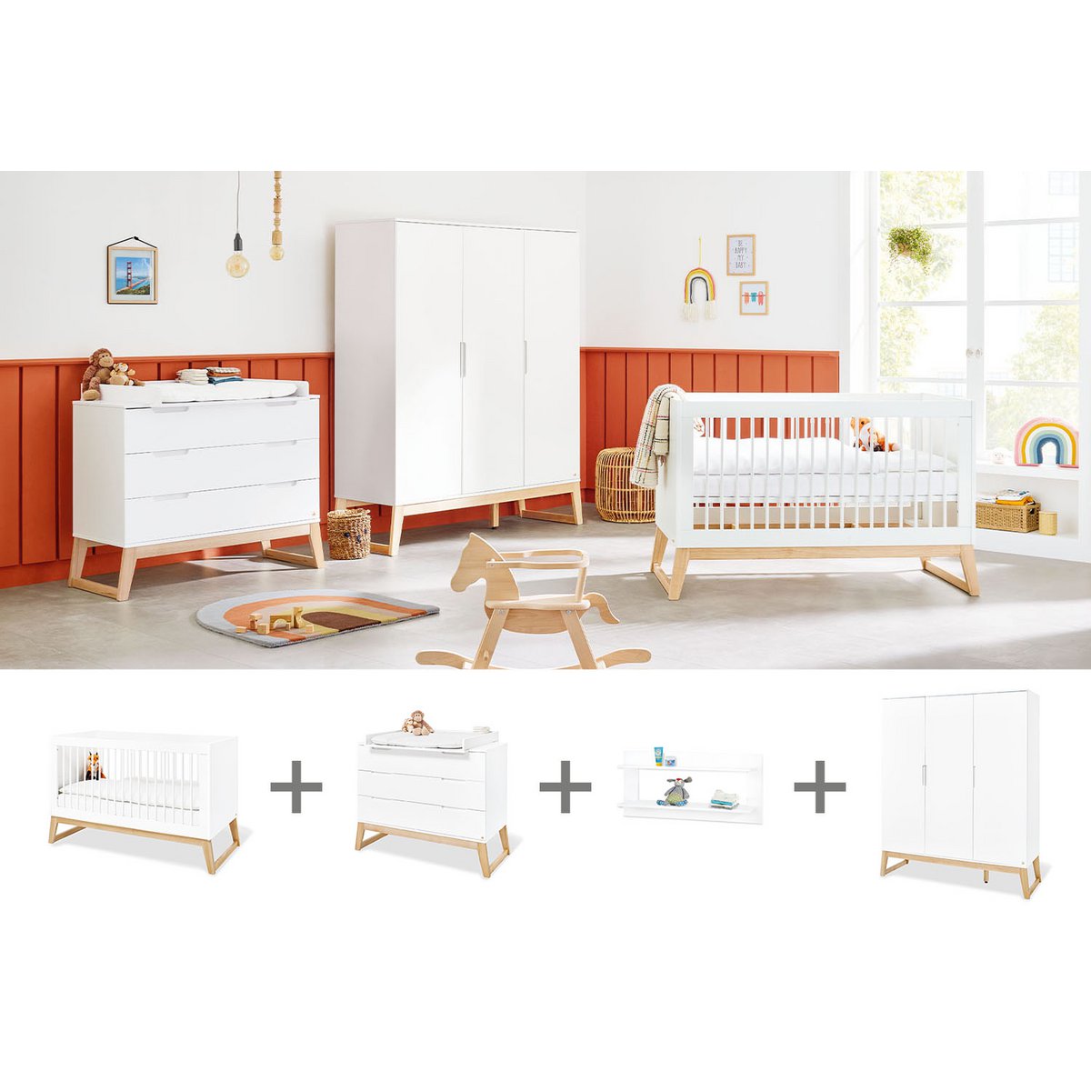 Nursery 'Bridge' wide large, incl. wall shelf
 4 parts: bed, wide chest of drawers, large wardrobe, wall shelf