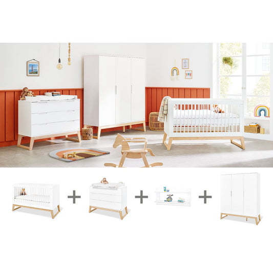Nursery 'Bridge' wide large, incl. wall shelf
 4 parts: bed, wide chest of drawers, large wardrobe, wall shelf