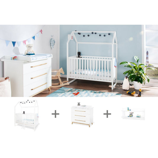 Starter set 'Hilda &amp; Riva' wide, white, incl. wall shelf
 3 parts: house bed, wide dresser, wall shelf