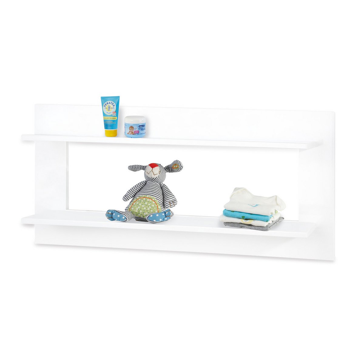 Nursery 'Hilda &amp; Pan' extra wide, white, incl. wall shelf
 4 parts: house bed, extra wide chest of drawers, 2-door wardrobe, wall shelf