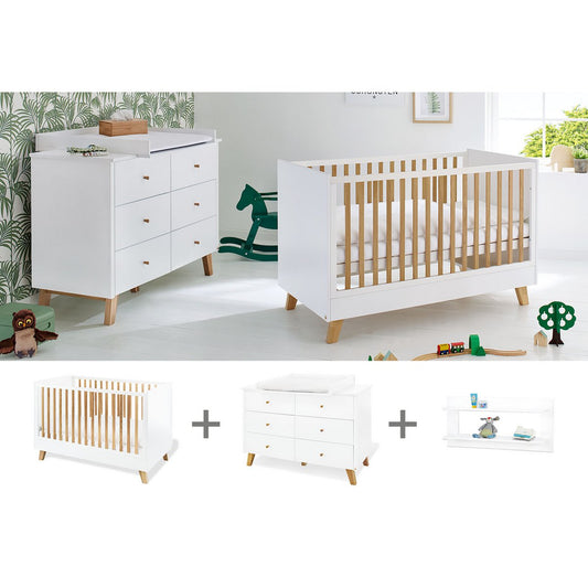 Starter set 'Pan' extra wide, incl. wall shelf
 3 parts: cot, extra wide dresser, wall shelf