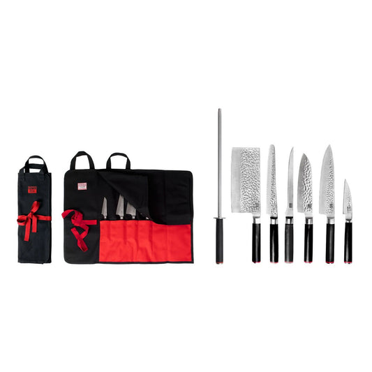 Knife and kitchen accessory set - The complete set Traveler Edition (B): 6 knives (paring knife + santoku + gyuto + filleting knife + bread knife + cleaver) + 2 accessories (sharpening steel + 100% cotton roll-up knife bag)