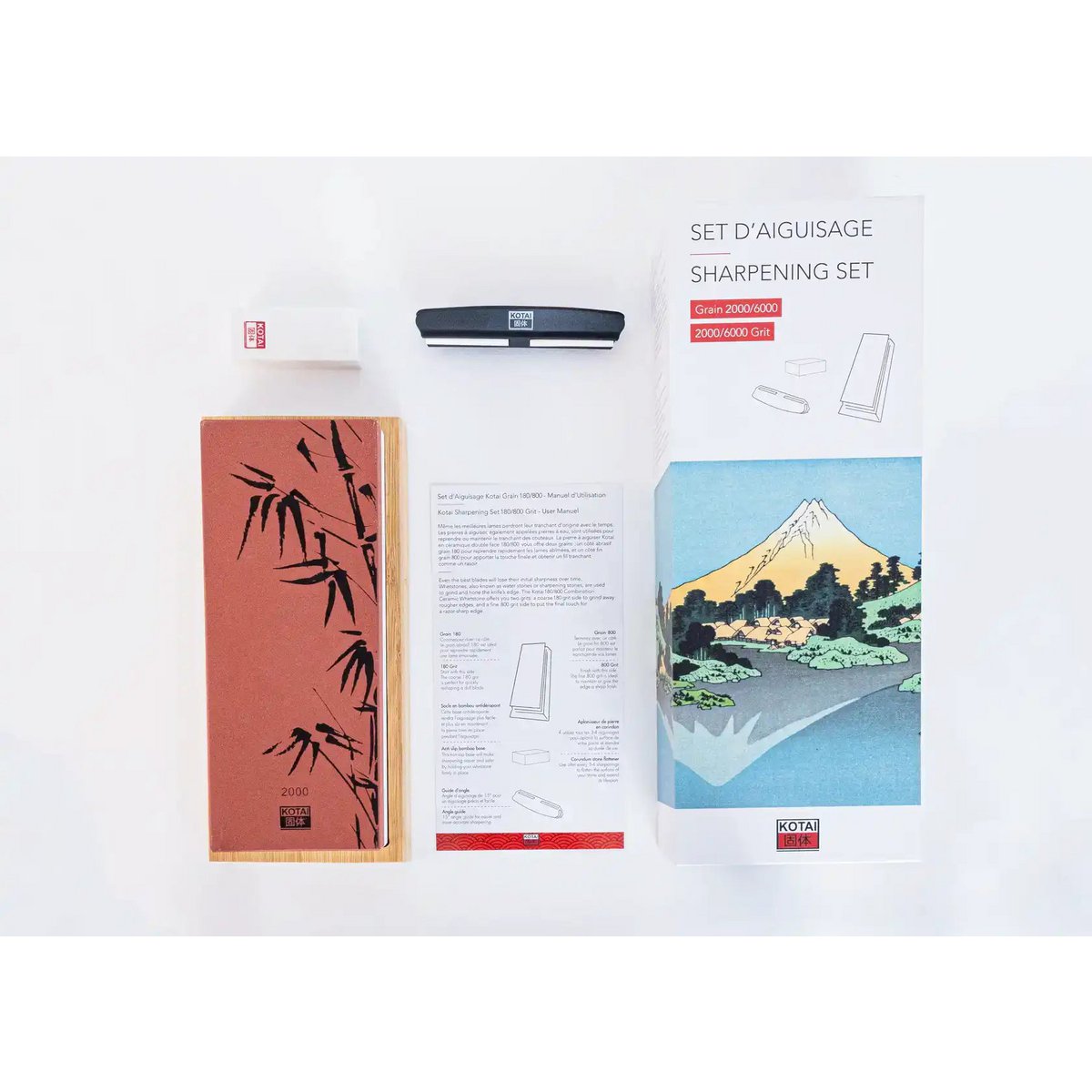 Kitchen accessories - KOTAI sharpening set with double-sided sharpening stone grit 2000/6000, non-slip bamboo base, flattening stone and 15 degree angle guide